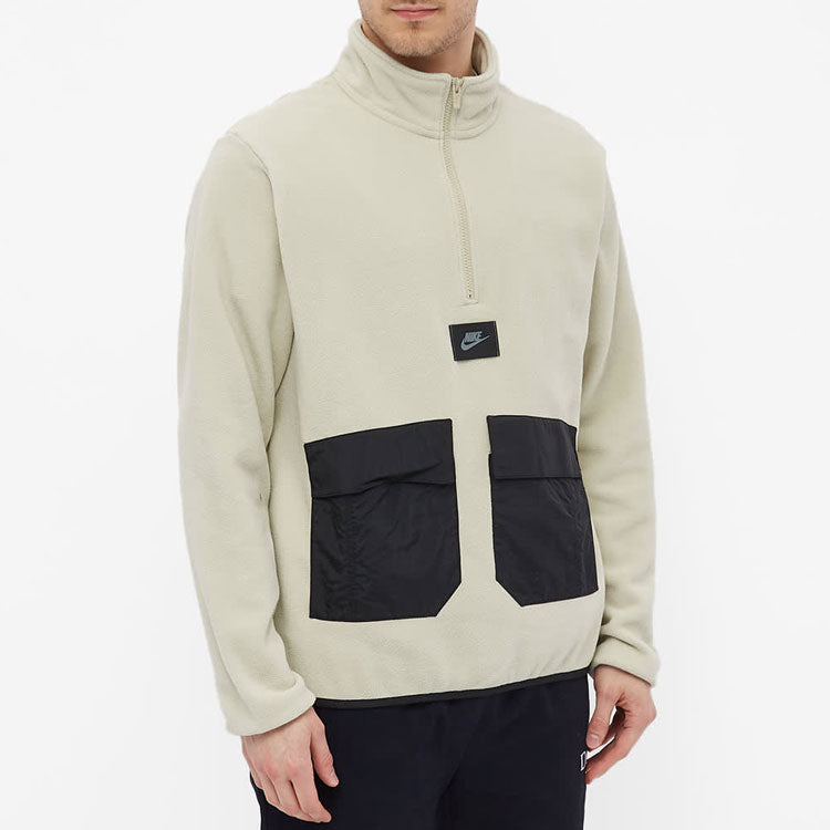 Men's Nike Sportswear Therma-FIT Logo Label Suede Half Zipper Colorblock Stand Collar Jacket Beige DO2638-145