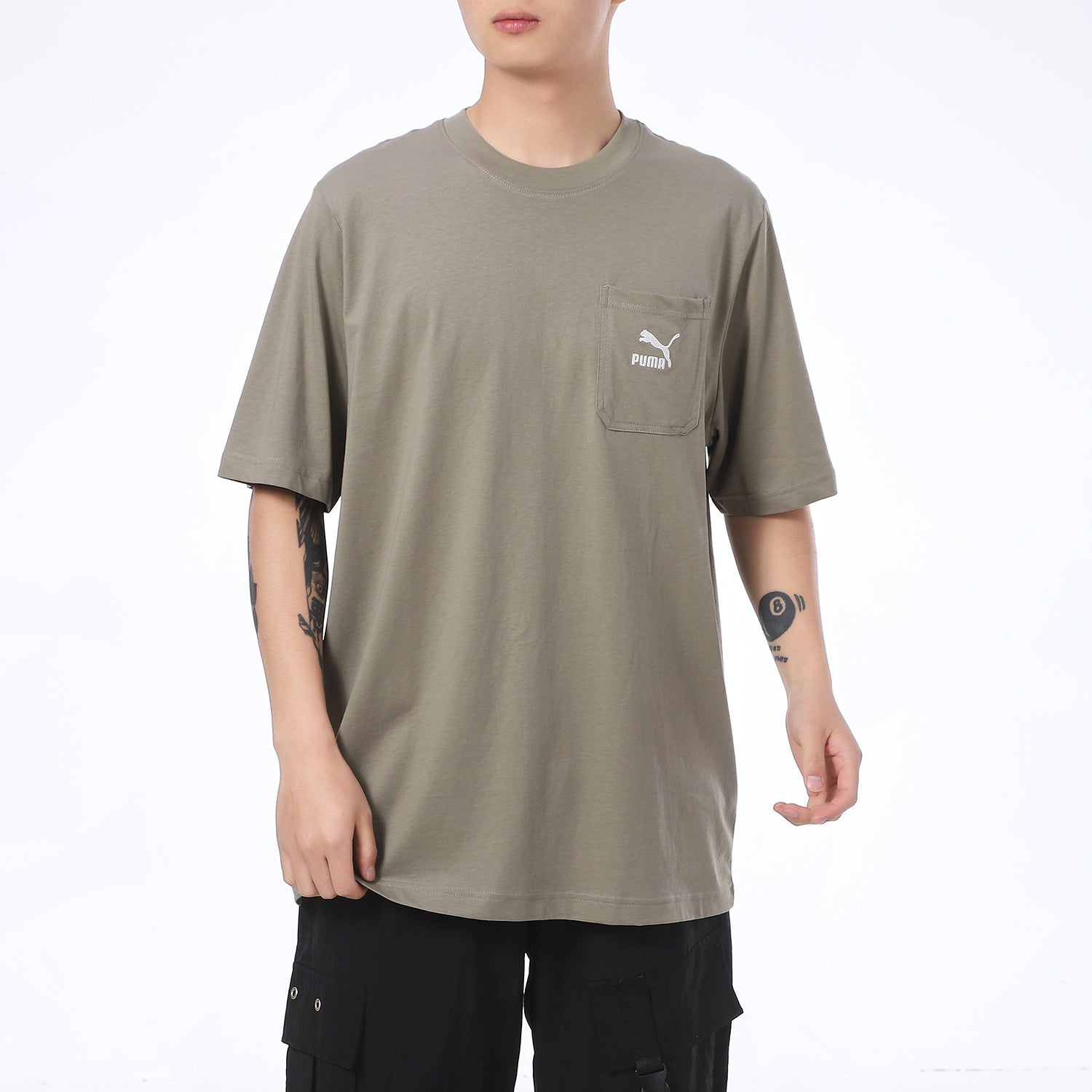 PUMA Classics Pocket Sports Loose Round Neck Short Sleeve Gray Green 532636-73