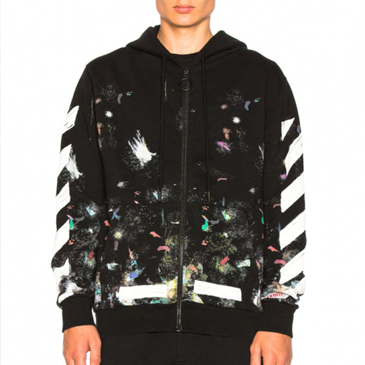 Off-White Galaxy Brush Graffiti Hooded Zip-up Fleece Men Black OMBB003F176190309901