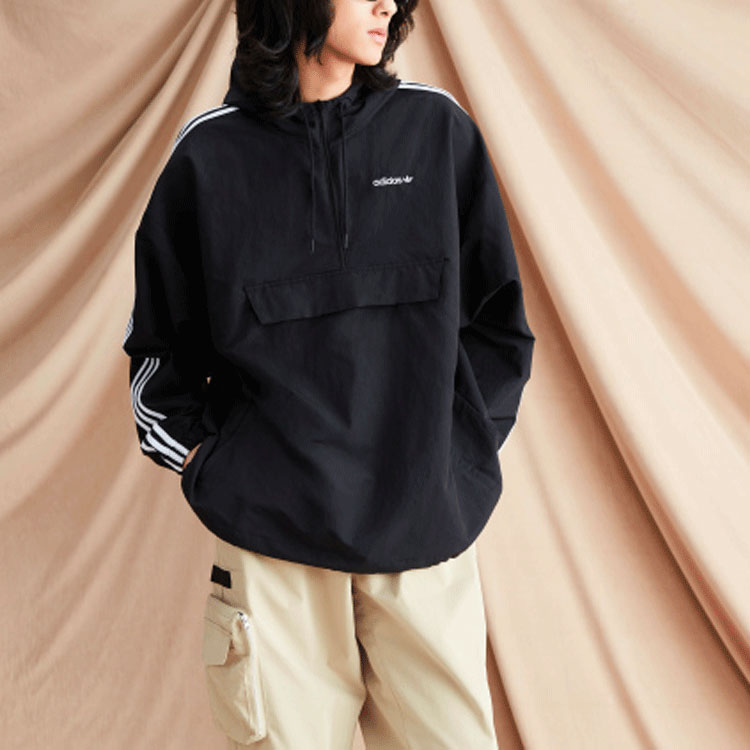 adidas originals Contrasting Colors Stripe Half Zipper Hooded Jacket Black GD2061