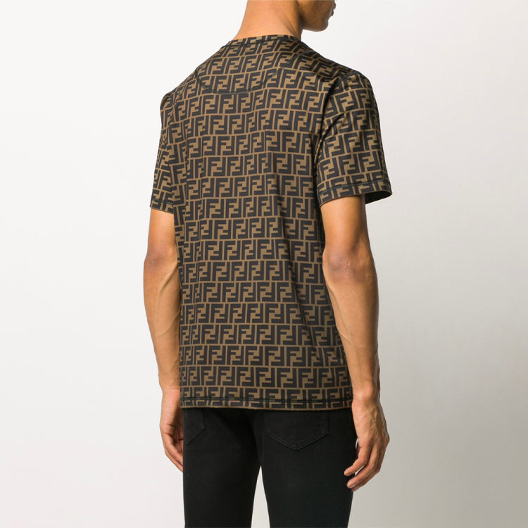 Men's FENDI Logo Printing Round Neck Short Sleeve Brown T-Shirt FAF555AAA9F13IZ