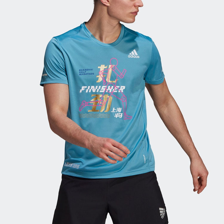 adidas Finisher T Word Printing Running Sports Short Sleeve Blue H41325
