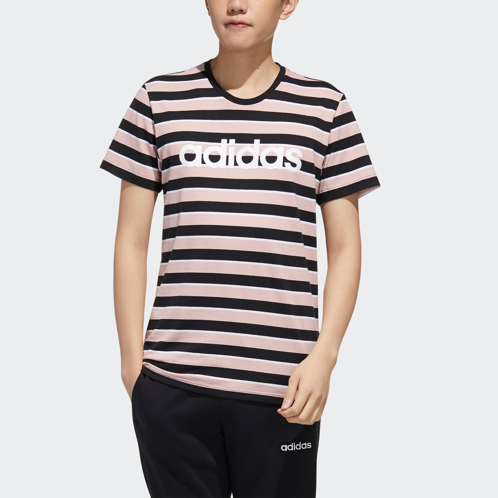 Men's adidas neo Esntl Lg S T3 Logo Printing Stripe Sports Short Sleeve Pink T-Shirt FP7425
