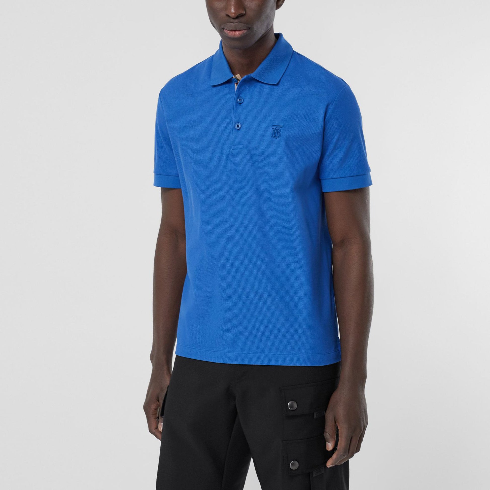 Men's Burberry Pattern Mesh Cotton Short Sleeve Polo Shirt Blue 80427571