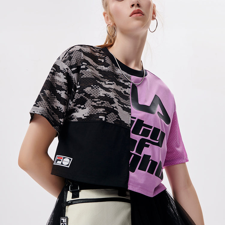 FILA FUSION Logo Printing Splicing Round Neck Loose Short Sleeve Black T11W136101F-VT