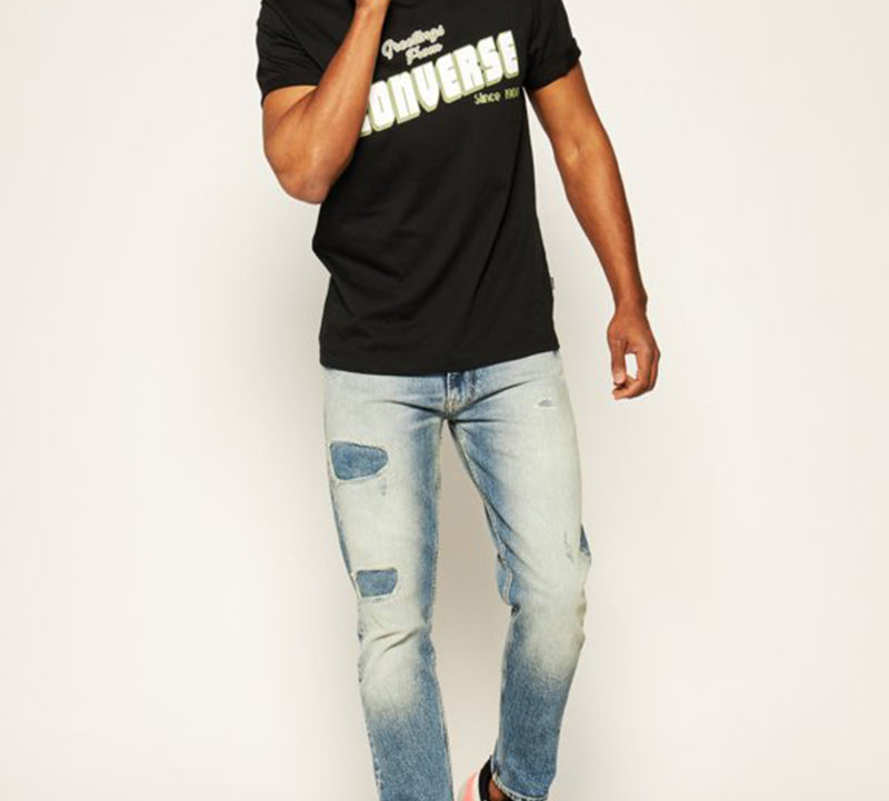 Men's Converse Loose Alphabet Printing Short Sleeve Casual Black 10019604-A02