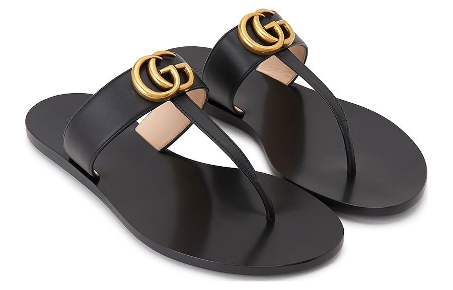 (WMNS) Gucci Thong Sandal With Double G 'Black Leather' 497444-A3N00-1000