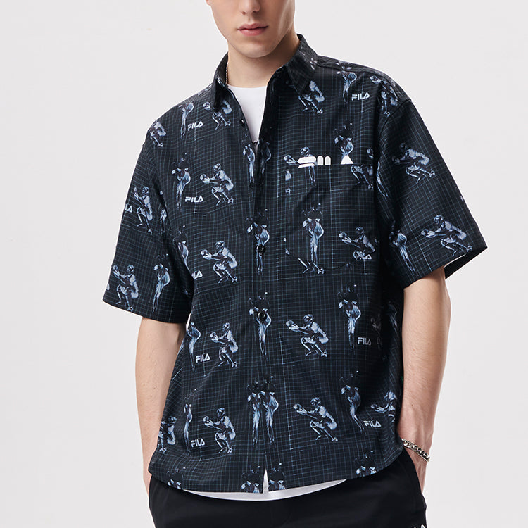 Men's FILA FUSION Pattern Full Print Loose Sports Short Sleeve Vitality Sports Black Shirt T11M132401A-BK