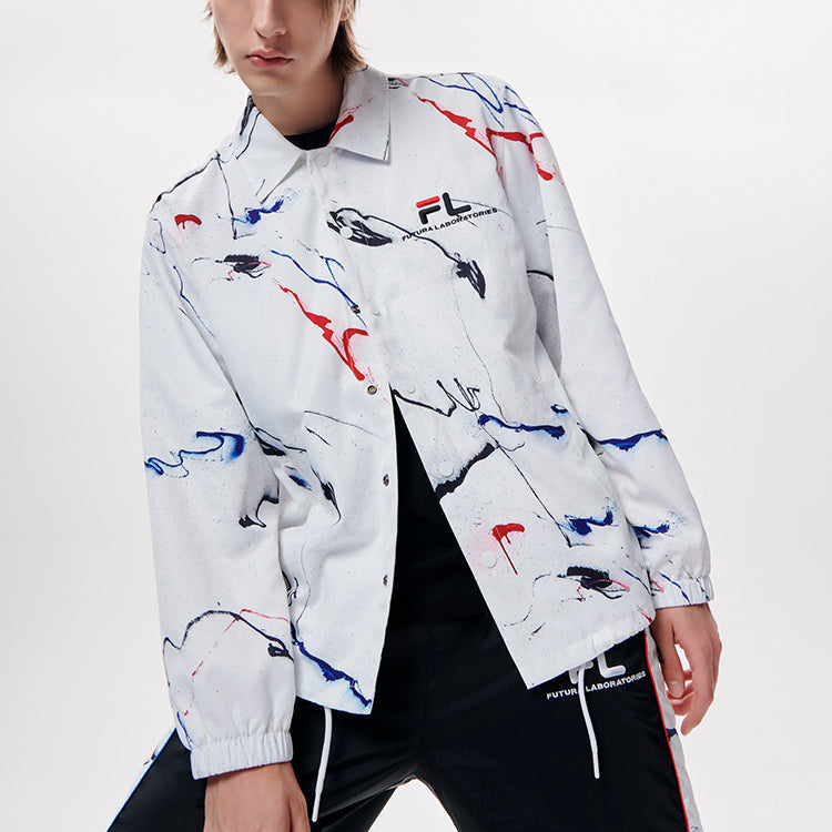Men's FILA FUSION x FUTURA Crossover Splash Ink Full Print Casual Coach Loose Jacket White T11M138701F-WT