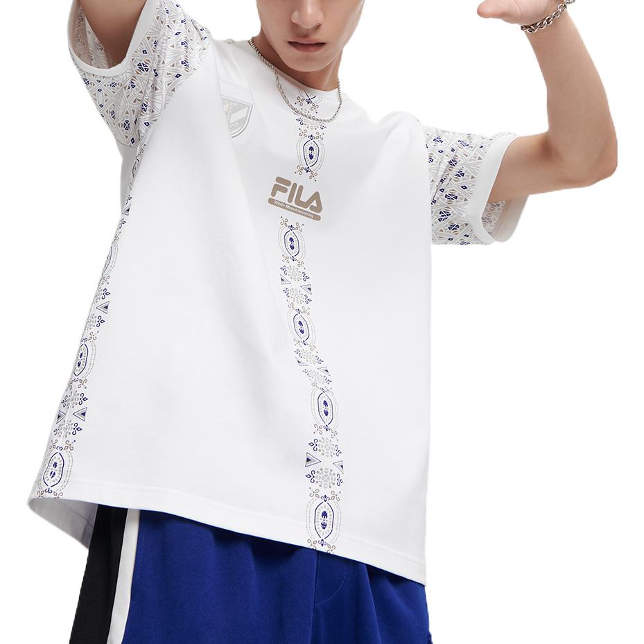 Men's FILA FUSION x WM White Crossover Pattern Printing Loose Short Sleeve White T-Shirt T11M127103F-WT