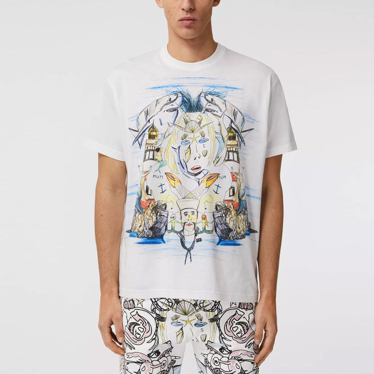 Men's Burberry SS21 Printing Cotton Loose Short Sleeve White 80406811