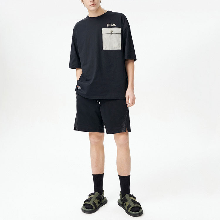 FILA FUSION Contrasting Colors Pocket Round Neck Loose Sports Short Sleeve Couple Style Black T11U126102F-BK