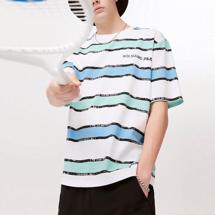 FILA FUSION Stripe Round Neck Loose Short Sleeve White T11M121108F-LB
