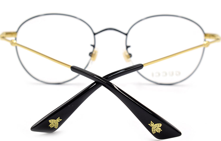 Men's Gucci Bee Webbing Circular Optical Metallic Glasses Frame Asia Edition Black Gold Color GG0607OK-003
