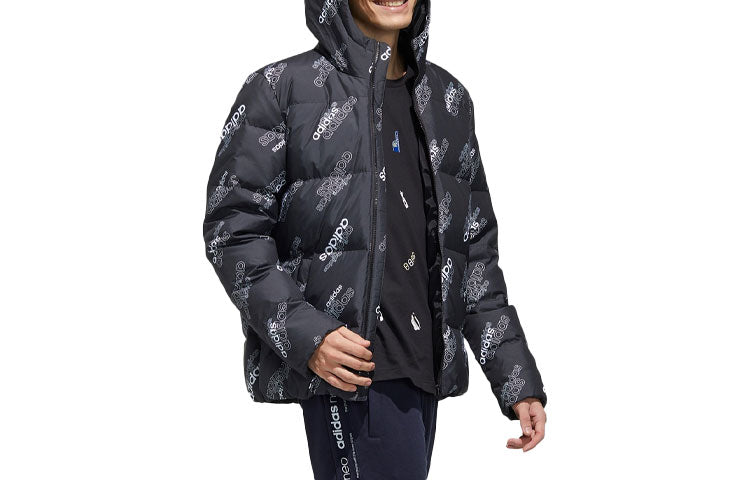 Men's adidas neo Logo Full Print Sports Stay Warm Hooded Down Jacket Black GJ8812