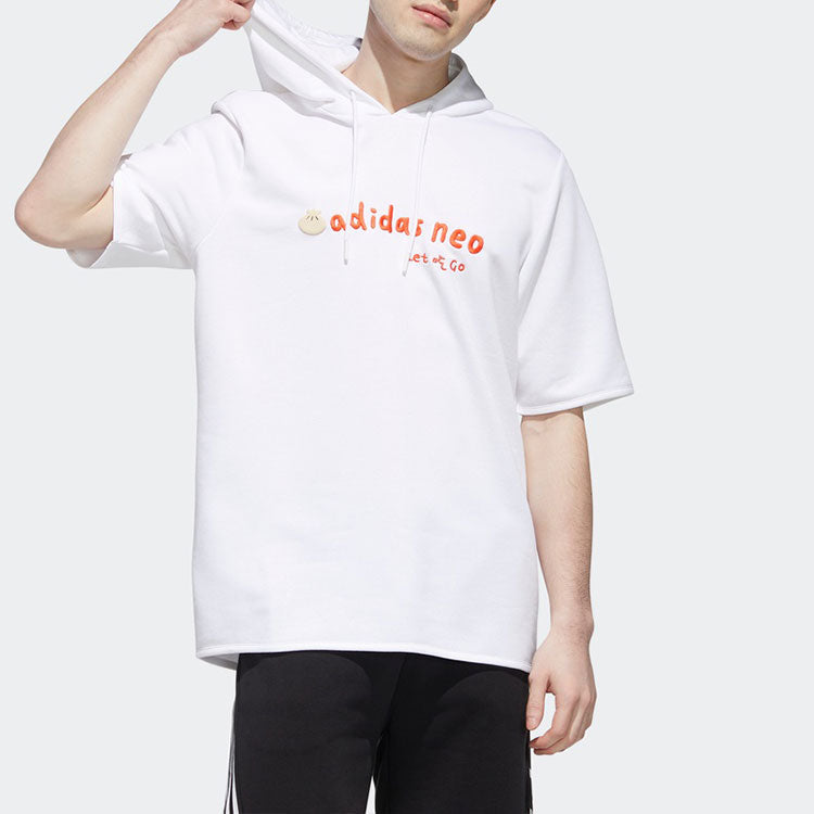Men's adidas neo Logo Embroidered Sports Pullover Hooded Short Sleeve White GP5824