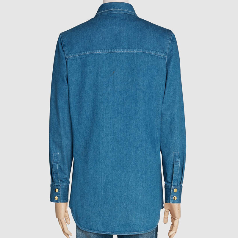 Gucci Ribbon Stone Mill Washed Denim Shirt For Men Blue 626480-XDBCG-4447