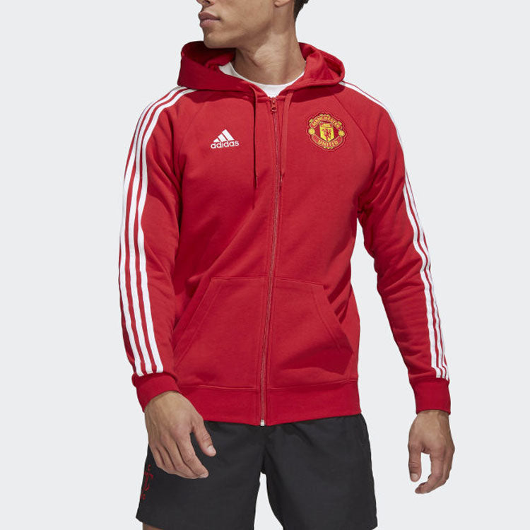 Men's adidas Stripe Logo Zipper Hooded Jacket Red HE6658