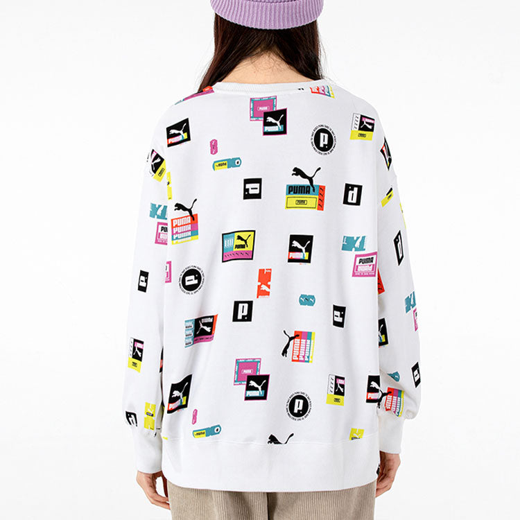 (WMNS) PUMA Full Print Logo Loose Round Neck Pullover Hoodie White 535348-02
