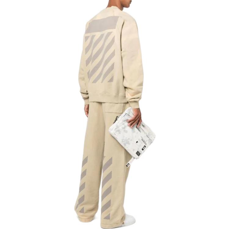Men's Off-White FW22 Logo Embroidered Stripe Round Neck Long Sleeves Beige OMBA056F22FLE0011717