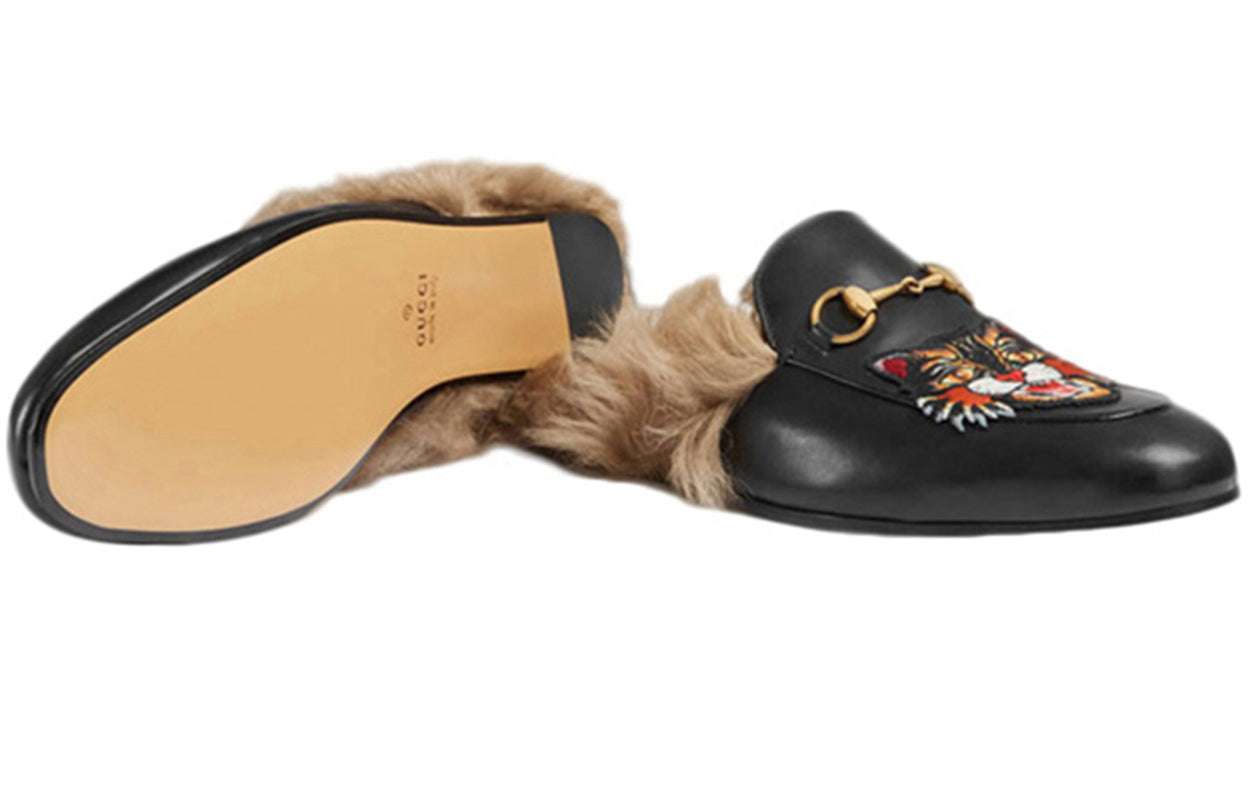 Gucci Tiger Head Embroidered Leather One Pedal Flat Shoes Black Fleece Lined 478285-DKHH0-1063