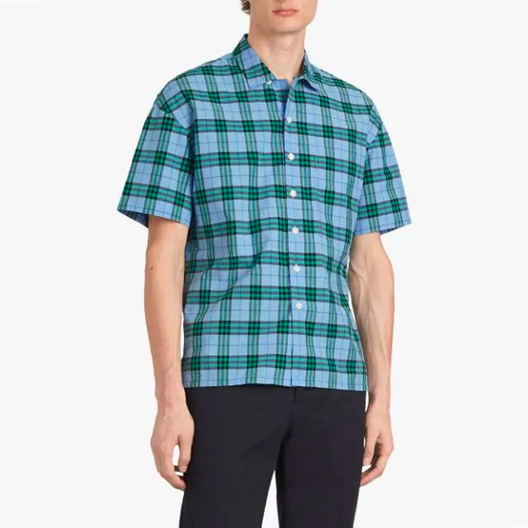 Men's Burberry Plaid Casual Short Sleeve Shirt Blue Green Plaid 80010391
