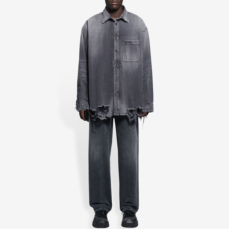 Balenciaga SS21 Ripped Denim Shirt Male Black 657610TBP191090