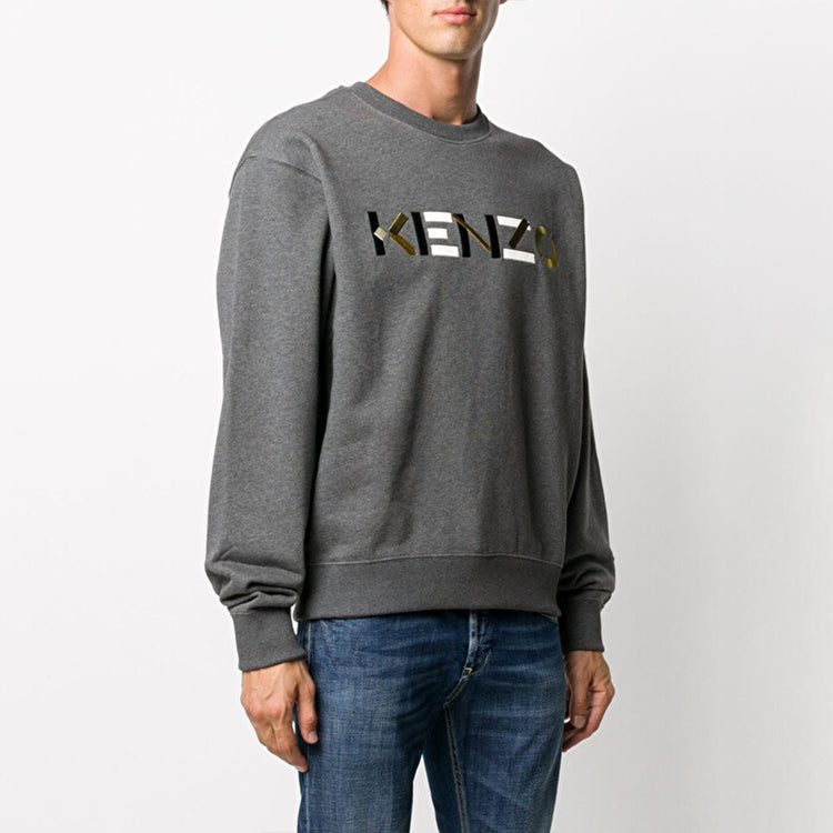 Men's KENZO FW20 Alphabet Embroidered Cotton Fleece Lined Round Neck Long Sleeves Dark Grey FA65SW0044MO-97