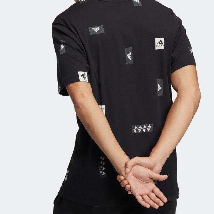 Men's adidas Full Print Logo Patch Printing Round Neck Short Sleeve Black T-Shirt HM2964