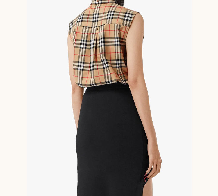 (WMNS) Burberry Vintage Check tie-neck Plaid Shirt Beige 80258241