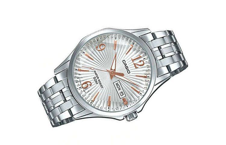 CASIO Waterproof Stainless Steel Strap Mens White Analog MTP-E120DY-7A