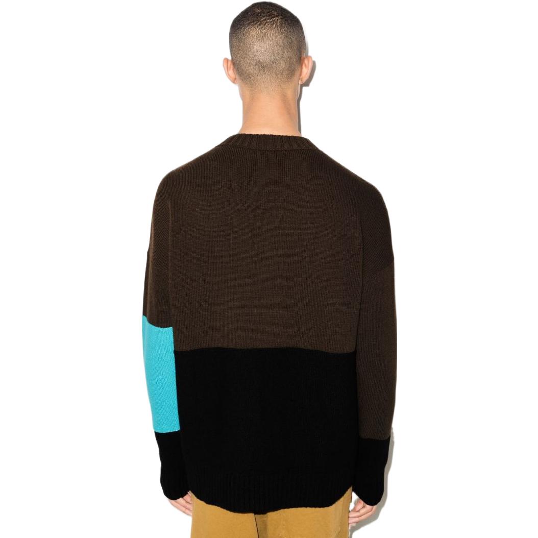 Men's Off-White FW22 Colorblock Logo Intarsia Round Neck Long Sleeves Wool Sweater Version Dark Brown OMHE048S22KNI0015643
