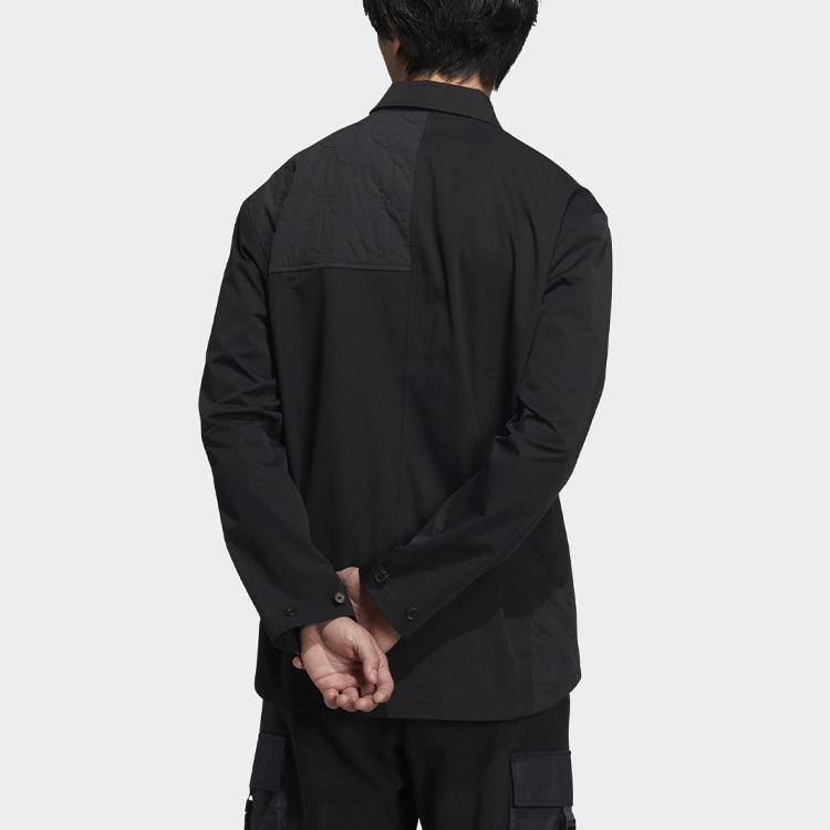 Men's adidas originals CNY Limited Solid Color Buckle Lapel Long Sleeves Black Shirt HC0561