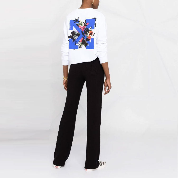 (WMNS) Off-White SS21 Arrow Logo Flowers Printing Round Neck White Hoodie OWBA055S21JER0010145