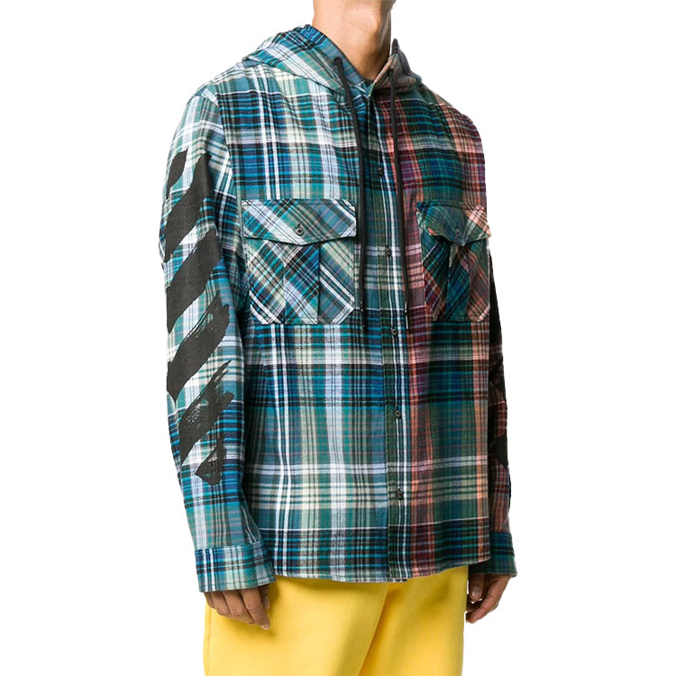 Off-White Plaid Printing Asymmetric hooded Shirt Blue OMGA125E20FAB0014510