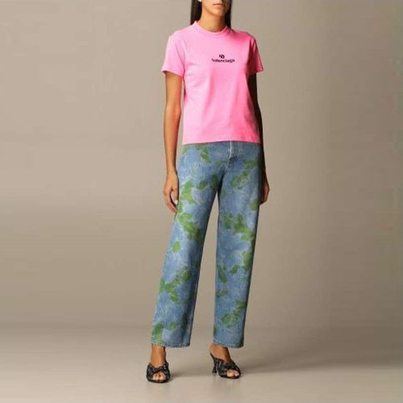 Balenciaga Embroidered Round Neck Short Sleeve Pink 612964TJVD95764