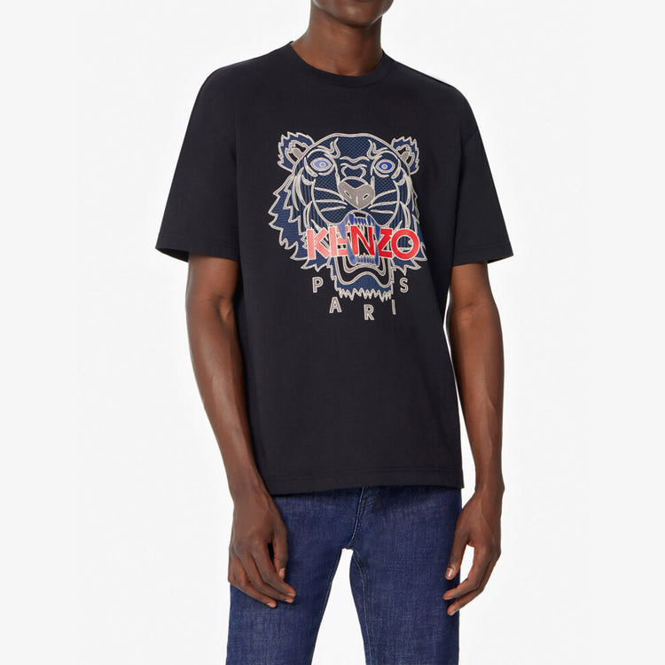 Men's KENZO Tiger Head Printing Cotton Short Sleeve Black FA5-5TS5114YO-99