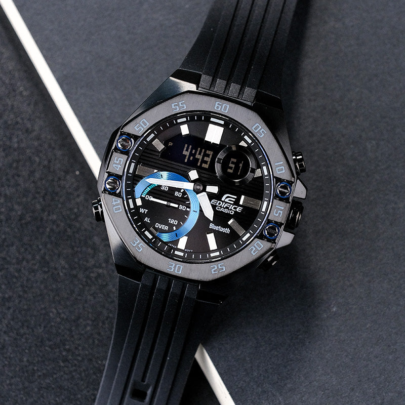 CASIO Bluetooth Waterproof EDIFICE Sports Sapphire Crystal Quartz Solar Powered Mens Black Analog/Digital Combo ECB-10YPB-1APR