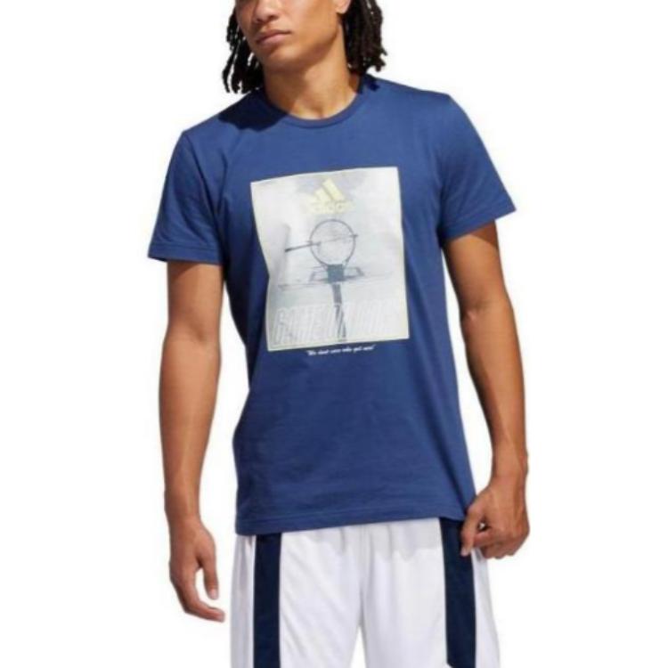 Men's adidas Logo Pattern Printing Round Neck Short Sleeve Blue T-Shirt FM4977