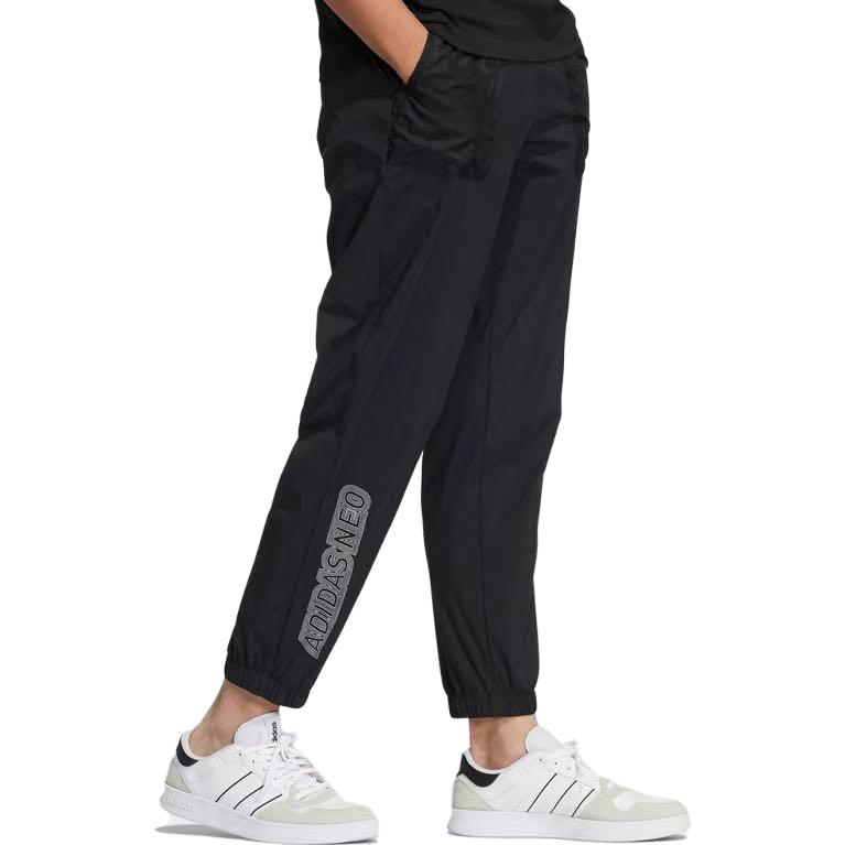 Men's adidas neo SS22 CE BRNDED WTP Logo Printing Lacing Elastic Waistband Sports Pants/Trousers/Joggers Black HC9704