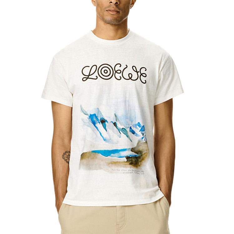 Men's LOEWE White Snow Mountain Printing Short Sleeve White H6299983PC-2100