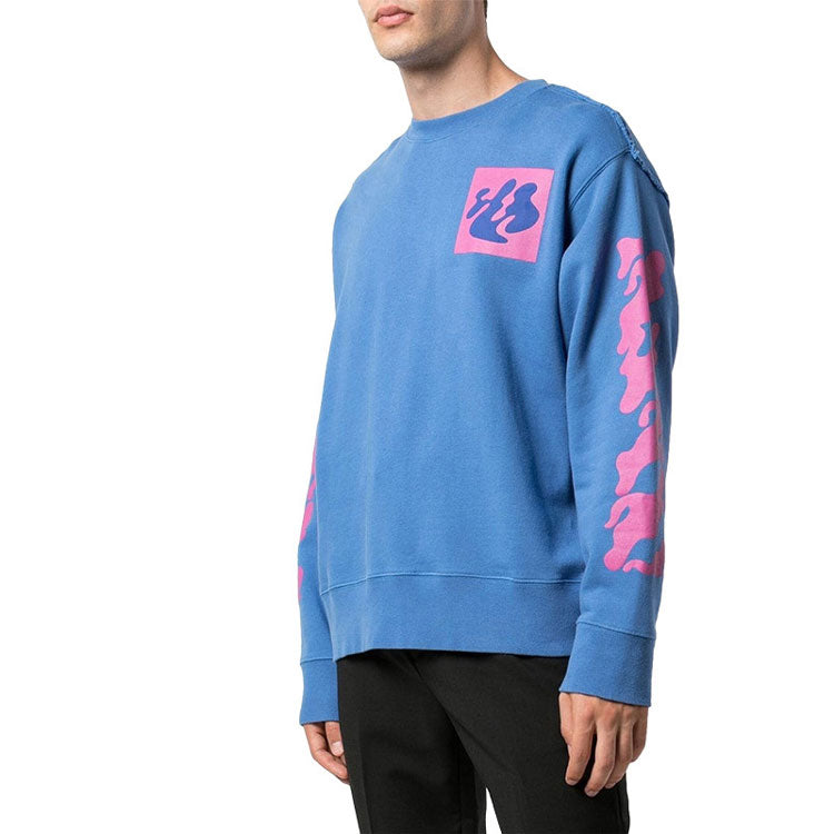 Men's Off-White Back Abstract Pattern Knit Round Neck Blue OMBA037F19E300153028