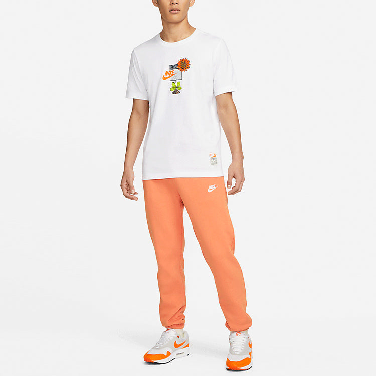 Men's Nike Logo Plant Pattern Cartoon Printing Round Neck Casual Short Sleeve White T-Shirt DQ1034-100