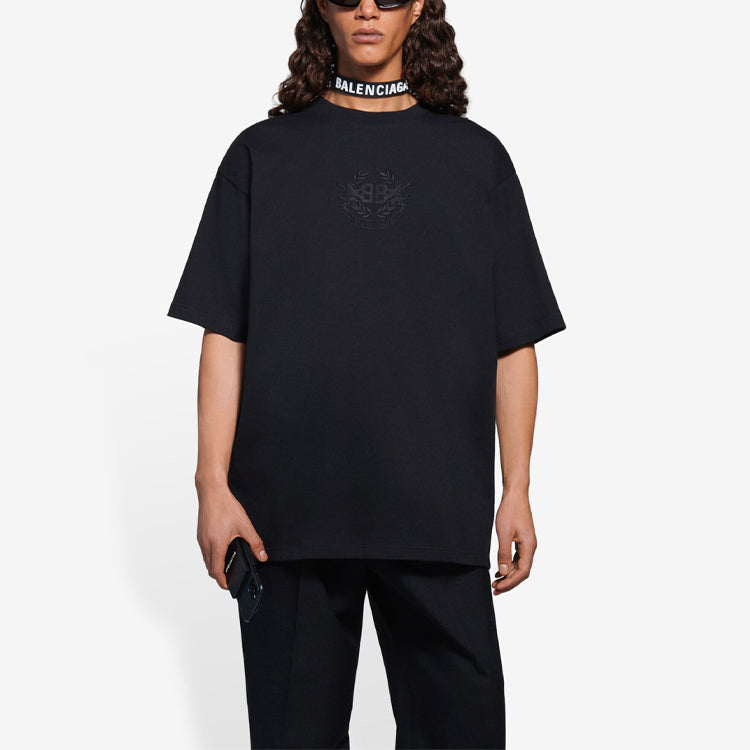Men's Balenciaga SS21 Logo Printing Loose Round Neck Short Sleeve Black 641675TKV711069