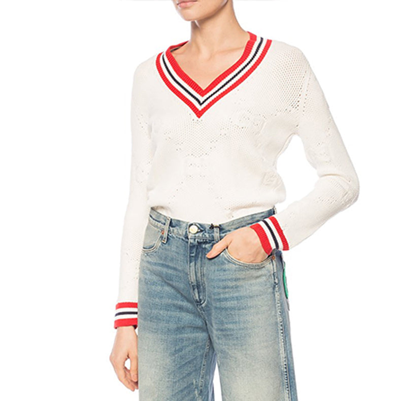 (WMNS) Gucci V Collar logo Knit Sweater Female White 579815-XKARR-9376