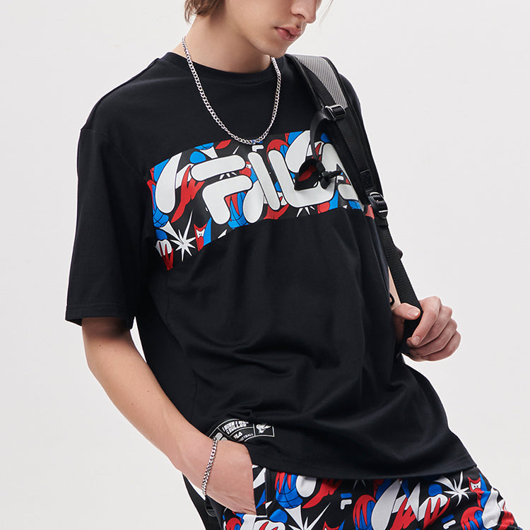 Men's FILA FUSION Contrasting Colors Logo Printing Basketball Sports Loose Short Sleeve Black T11M135106F-BK