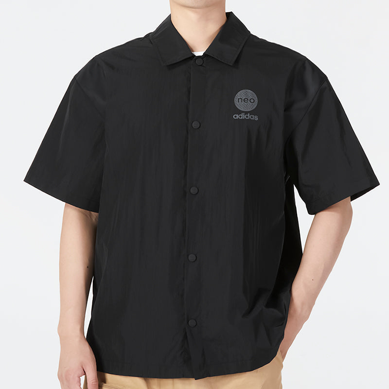 adidas neo Solid Color Alphabet Logo Printing Athleisure Casual Sports lapel Short Sleeve Shirt Black HM9977
