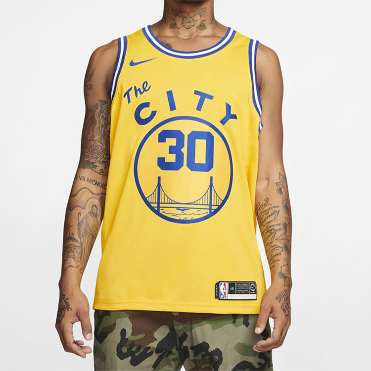 Nike NBA Golden State Warriors Nike Hardwood Classics Curry Swingman Home Jersey Yellow BQ8109-729