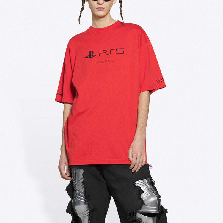 Balenciaga x PlayStation Crossover FW21 PS5 Alphabet Geometry Pattern Printing Short Sleeve Unisex Red 651795TKVF36552