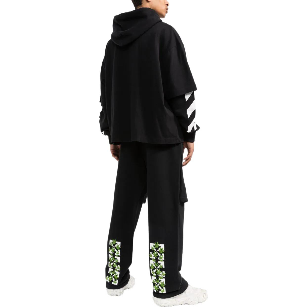 Men's Off-White Solid Color Stripe Printing Design Hooded Long Sleeves Black OMBB098C99FLE0011001